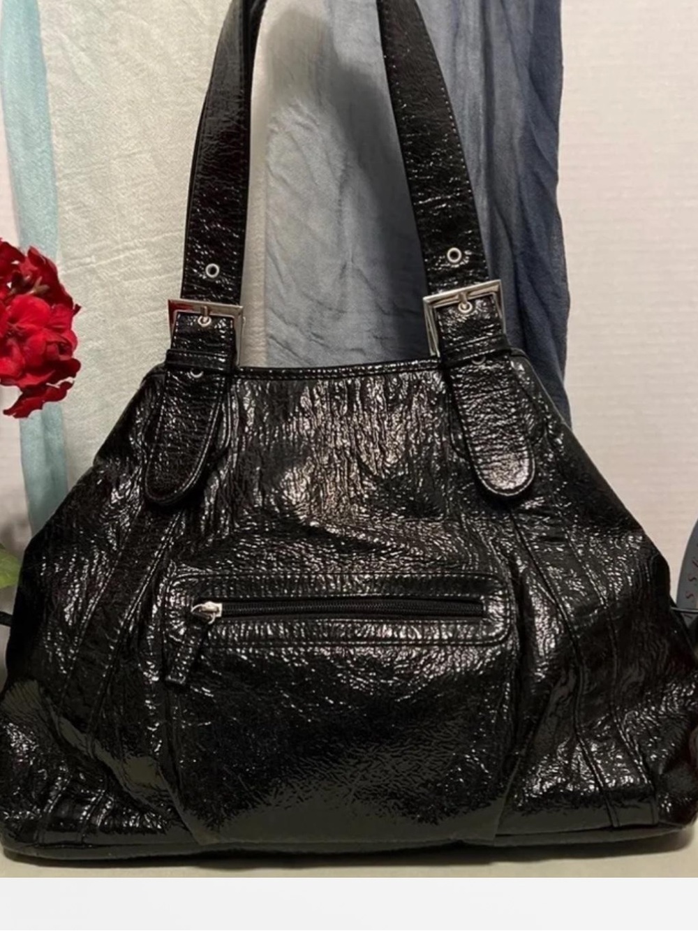 Big Buddha Black Patent Shoulder Bag Three deep, wide sections, Large